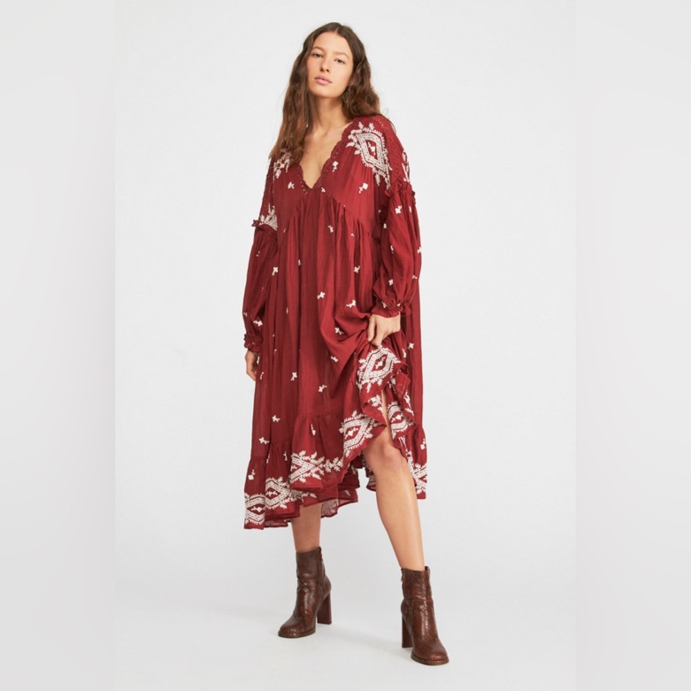 Free People Fields Frolic Embrodiered Oversized Dress Size S
